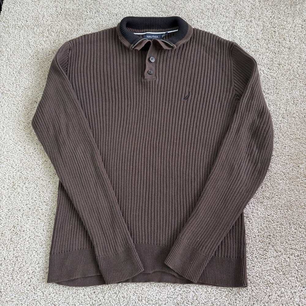 Nautica Sweater Mens Large Brown Ribbed Tight Knit Collared Pullover Casual